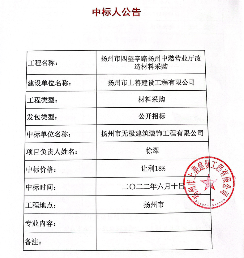 扬州四望亭路中燃营业厅改造材料采购中标人公告